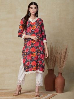 FASHOR - Floral Printed Straight Fit Kurta - Multi-Color