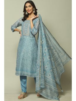 Biba - Blue Chanderi Unstitched Suit (Set of 3)