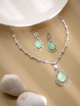Vosgi - Regal Emerald-Cut Light Green Stone and Pave Diamond Jewellery Set