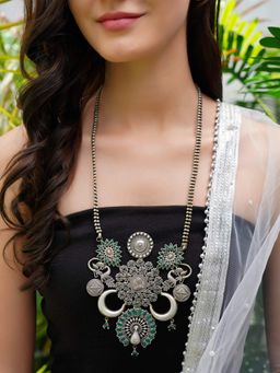 STUDIO B40 - Green Handcrafted Silver Tone Brass Tribal Necklace