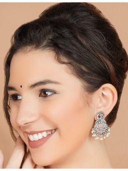 STUDIO B40 - Silver Oxidized White Bead Floral Brass Earrings