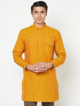 Fabindia - Cotton Mustard Printed Men Short Kurta