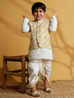 AJ Dezines - Yellow Cotton Full Sleeves Printed Kurta with Dhoti & Jacket