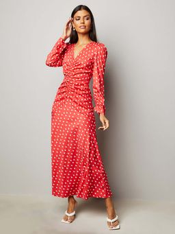 Styli - Red Raindrop Print Long Sleeves Maxi Dress