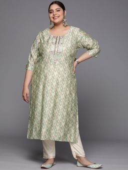 Extra love by Libas - Plus Size Women Green Printed Silk Straight Kurtas for Women