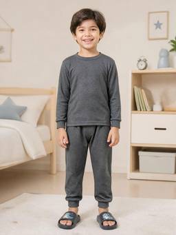 KiddoPanti - Unisex Cotton Blend Solid Thermal T-shirt and Thermal Pant-Grey