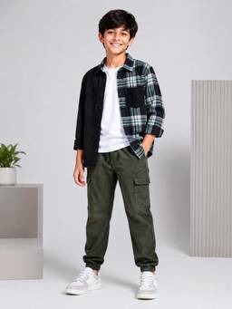 KiddoPanti - Cotton Solid T-Shirt and Check Shirt With Cargo Joggers Pant-Navy Blue