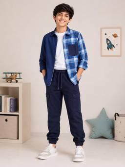 KiddoPanti - Cotton Solid T-Shirt and Check Shirt With Cargo Joggers Pant-Blue