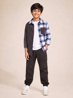 KiddoPanti - Cotton Solid T-shirt and Check Shirt With Cargo Joggers Pant-Grey