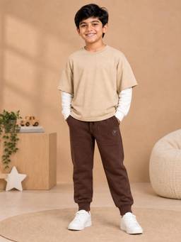 KiddoPanti - Fleece Doctor Full Sleeves Layered Look Solid T-shirt and Joggers-Beige