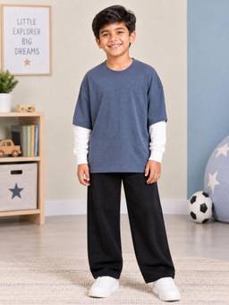 KiddoPanti - Fleece Doctor Full Sleeve Layered Look Solid T-shirt and Track Pant-Blue