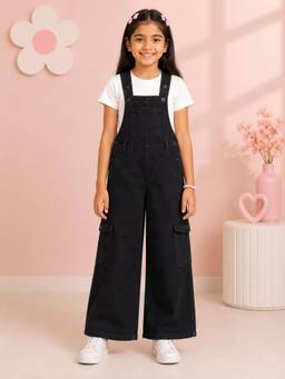 KiddoPanti - Girls Denim Woven Wide Leg Solid Dungaree-Black