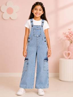 KiddoPanti - Girls Denim Woven Wide Leg Solid Dungaree-Blue