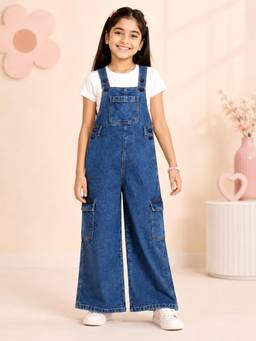 KiddoPanti - Girls Denim Woven Wide Leg Solid Dungaree-Blue
