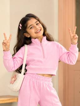 KiddoPanti - Girls Cotton Loop Knit Fleece Half Zip Crop Length Sweatshirt-Pink