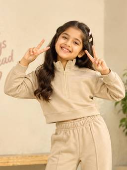 KiddoPanti - Girls Cotton Loop Knit Fleece Half Zip Crop Length Sweatshirt-Beige