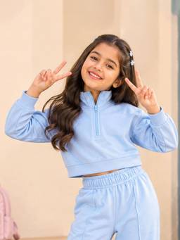 KiddoPanti - Girls Cotton Loop Knit Fleece Half Zip Crop Length Sweatshirt-Blue