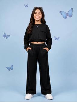 KiddoPanti - Girls Fleece Solid Co-ord Set-Black