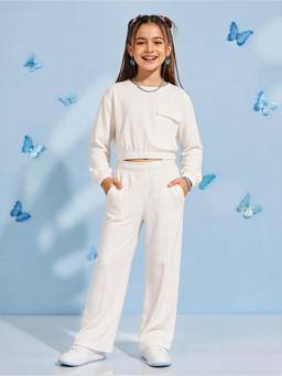 KiddoPanti - Girls Fleece Solid Co-ord Set-White