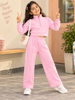 KiddoPanti - Girls Fleece Half Zip Crop-Length Solid Co-ord Set-Pink