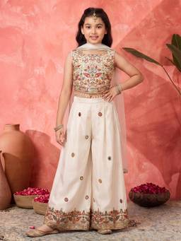 FASHION DREAM - Girls Off White Embroidery Crop Top and Palazzo With Dupatta