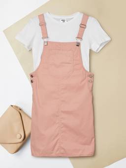 max - Girls Solid Pinafore Dress with T-shirt-Pink