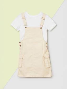 max - Girls Solid Pinafore Dress with T-shirt-Cream