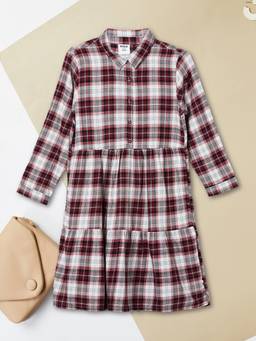 max - Girls Checked Shirt Dress-Maroon