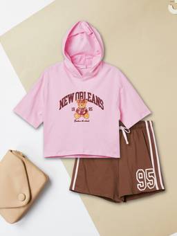 max - Girls Printed T-shirt and Shorts-Pink