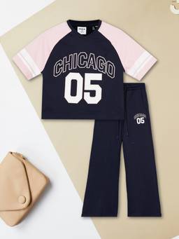 max - Girls Printed T-shirt and Trousers-Navy Blue