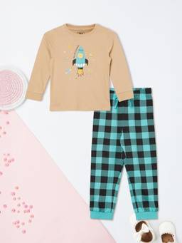 max - Boys Checked Sleepwear T-shirt and Pyjamas-Beige