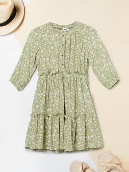 max - Girls Floral Print Tiered Dress-Olive