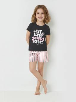 max - Girls Printed T-shirt and Shorts-Black