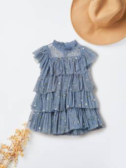 max - Girls Embellished Layered Dress-Blue