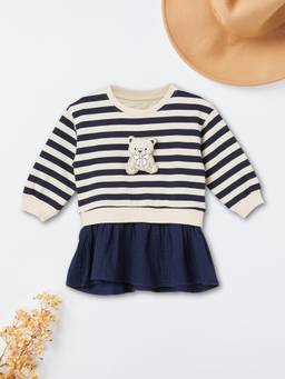 max - Girls Striped Dress with Applique-Navy Blue