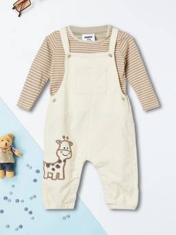 max - Boys Striped and Giraffe Embroidered Dungaree and T-shirt-Beige