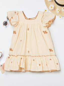 max - Girls Embroidered Dress-Beige