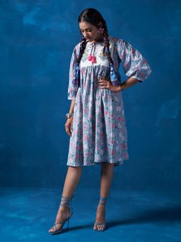 Likha - Blue Jaipuri Hand Block Printed Midi Dress LIKDRS15