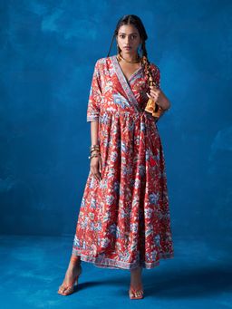 Likha - Orange Jaipuri Hand Block Printed Angrakha Maxi Dress LIKDRS18
