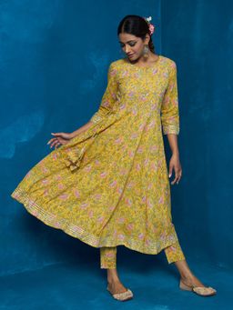 Likha - Yellow Floral Printed & Mirror Work Anarkali Co-ord Set LIKSKD88 (Set of 2)