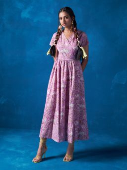 Likha - Pink Hand Block Printed Overlapped Maxi dress LIKDRS25
