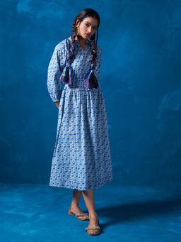 Likha - Blue Hand Block Printed Midi Dress LIKDRS24