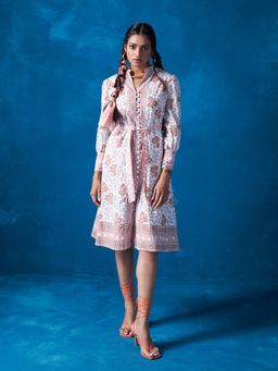 Likha - White Hand Block Printed Button Down Midi Dress with belt LIKDRS32 (Set of 2)