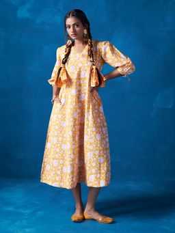 Likha - Yellow Hand Block Printed Midi Dress LIKDRS16