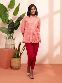 Likha - Pink Hand Block Printed Top With Gathers LIKTOP08
