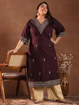 Extra love by Libas - Plus Size Women Burgundy Printed Rayon Straight Kurtas for Women