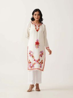 Kashmir Box - Women Round Neck Ethnic Motifs Embroidered Thread Work Cotton Straight Kurta