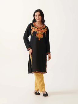 Kashmir Box - Women Sweetheart Neck Floral Embroidered Thread Work Cotton Straight Kurta