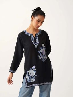 Kashmir Box - Women Round Neck Embroidered Long Sleeve Cotton Straight Kurti