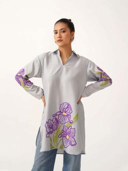 Kashmir Box - Women Floral Hand Embroidered Collared Long Sleeve Rayon Kurti